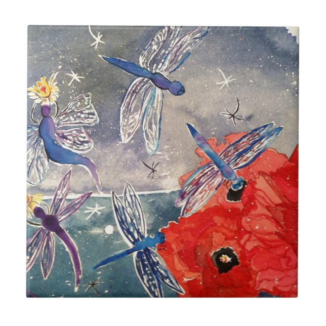 Carreau Nymphes et peinture d'aquarelle de libellule (Devant)