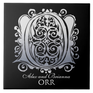Carreau O Monogramme "Dentelle d'argent sur noir" avec Nom