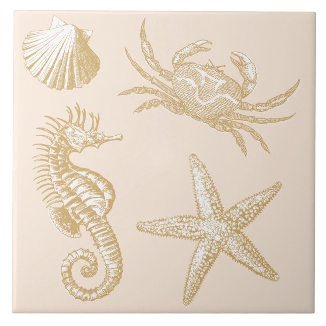 Carreau Ocean Beach Seahorse Starfish Crabe & Shell Motif (Devant)