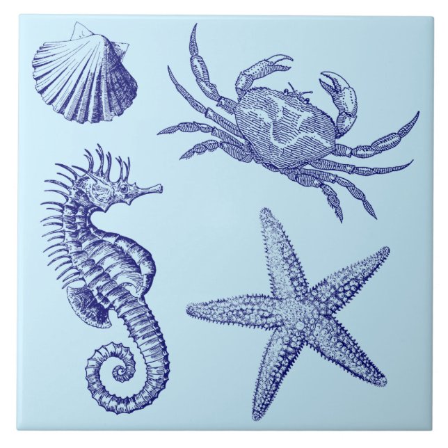 Carreau Ocean Beach Seahorse Starfish Crabe & Shell Motif (Devant)
