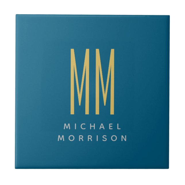 Carreau Ocean Blue Gold Monogramme Lettres initiales Nom (Devant)