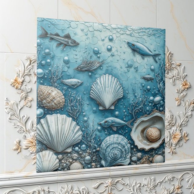Carreau Océan Bulle Poissons Aquatiques Coquillage Art Sou (Ocean Bubble Aquatic Fish Seashell Underwater Art Ceramic Tile)