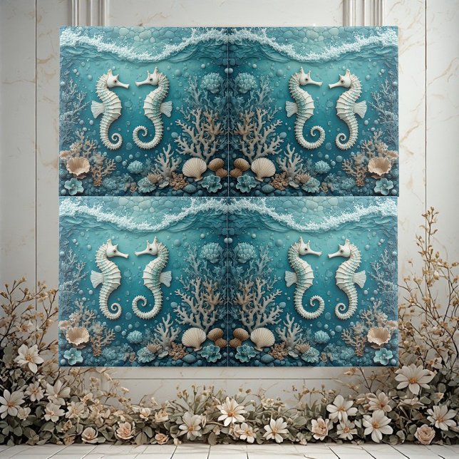 Carreau Océan côtier Récif de corail Écume de mer Couple d (Coastal Ocean Coral Reef Sea Foam Seahorse Couple Ceramic Tile)