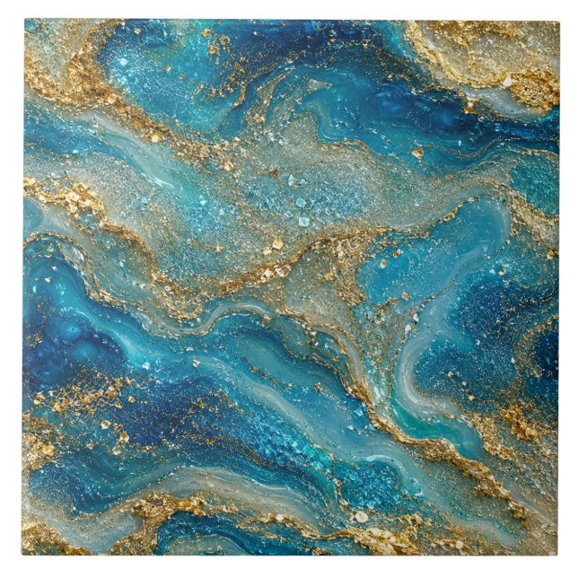 Carreau Ocean Gold Flow – Abstrait Bleu Turquoise Luxueux (Devant)