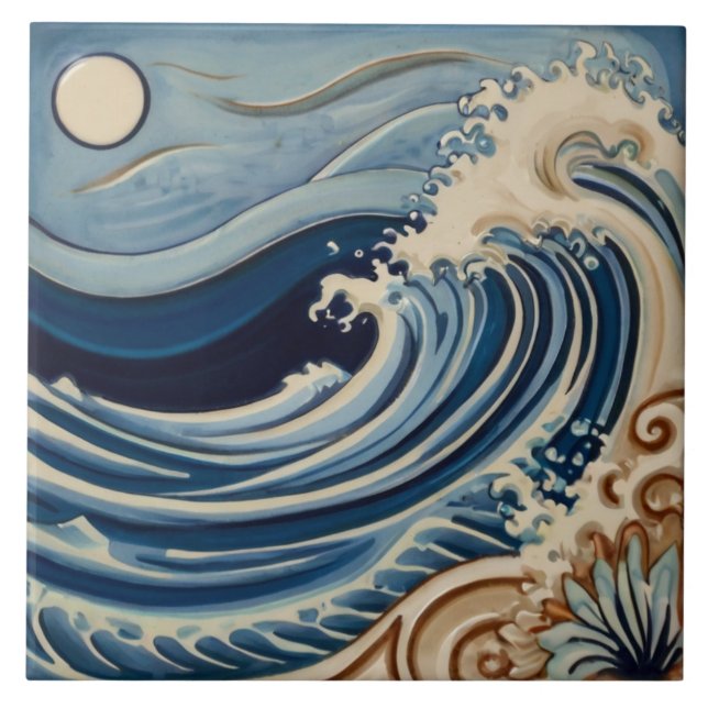 Carreau Ocean Waves Blue and White Sea by Moonlight (Devant)