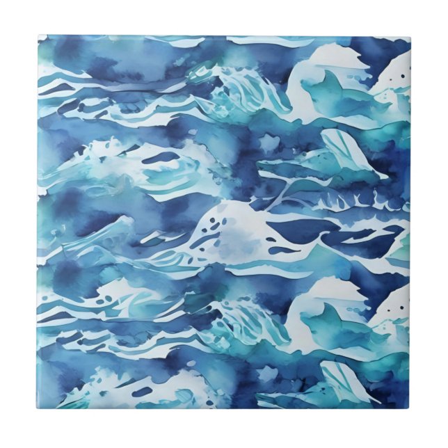 Carreau Ocean Waves | Teal Watercolor Aqua Blue (Devant)