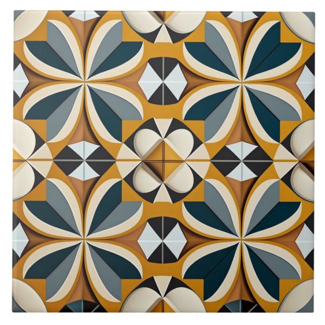 Carreau Ocre et sarcelle Géométrie florale rétro (The complete printed tile design. Tiles sold individually.)