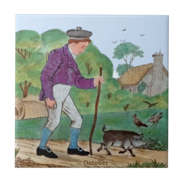 Carreau Octobre Polychrome Wedgwood Boy Pig Antique Repro (Devant)