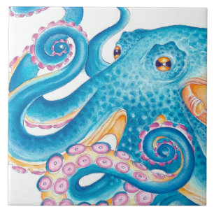 Carreau Octopus bleu Kraken Orange Rose Aquarelle
