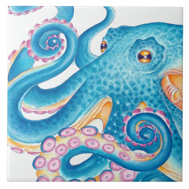 Carreau Octopus bleu Kraken Orange Rose Aquarelle (Devant)