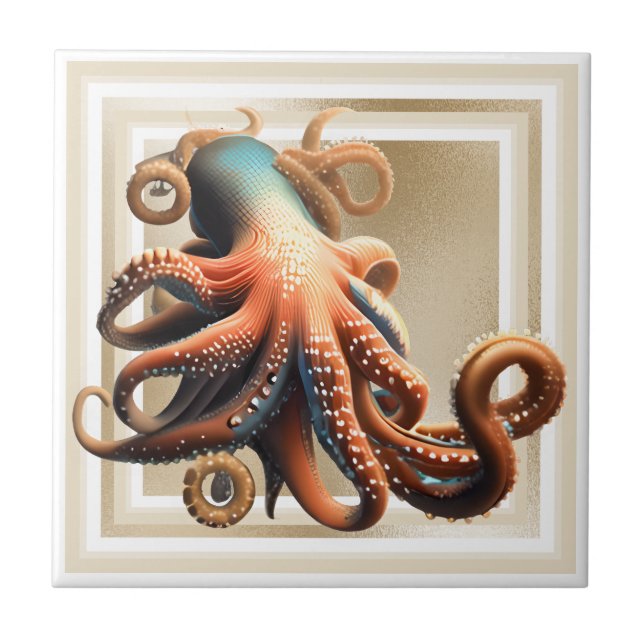 Carreau Octopus bleu orange 3D plage d'or nautique chic (Devant)