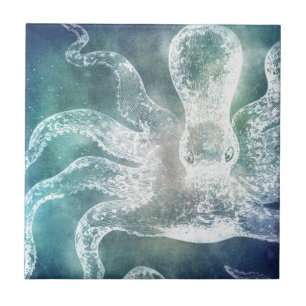 Carreau Octopus Midnight Blue Aquarelle Turquoise Art Vint