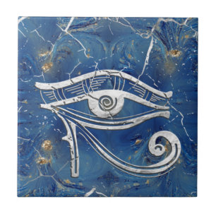 Carreau Œil d'Horus égyptien en argent sur marbre bleu