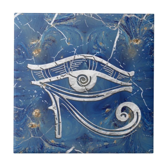 Carreau Œil d'Horus égyptien en argent sur marbre bleu (Devant)