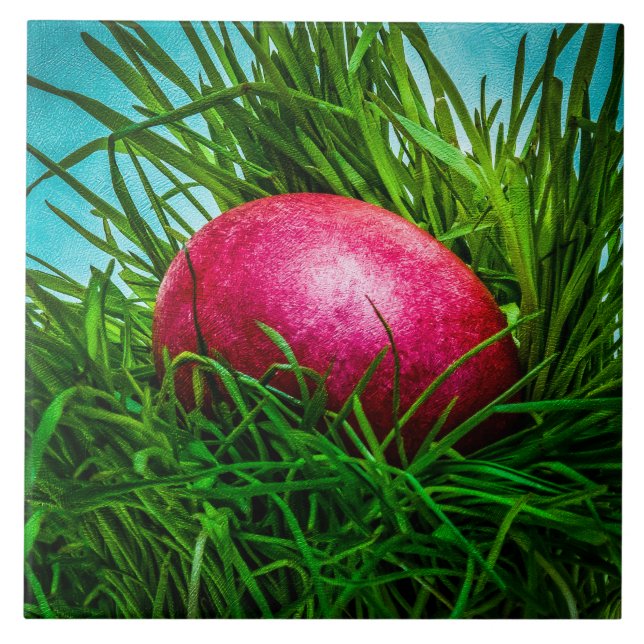 Carreau OEuf de Pâques rouge dans l'herbe (Devant)