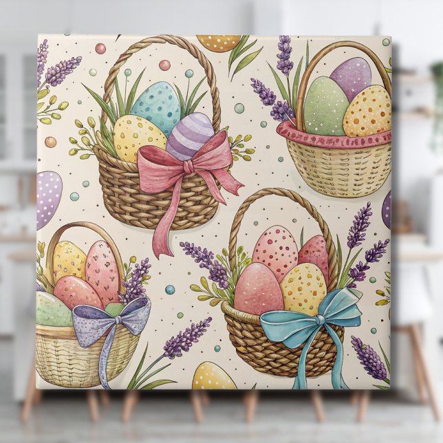 Carreau Œufs de Pâques dans un panier en osier avec de la  (Créateur téléchargé)