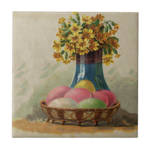Carreau Oeufs Pâques Panier Fleurs Antique