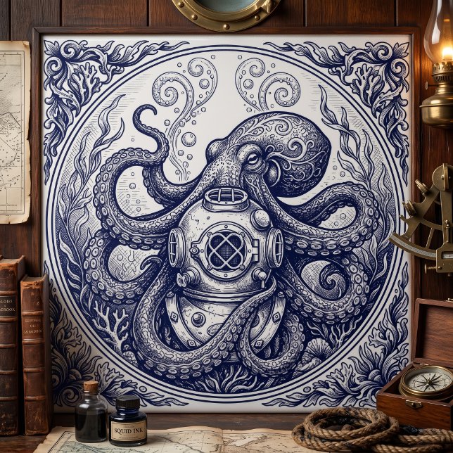 Carreau Œuvre d'art de gravure de casque de plongée de pie (Créateur téléchargé)