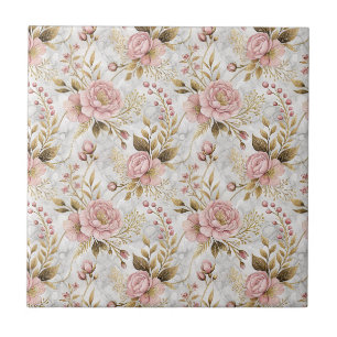 Carreau Œuvre d'art florale botanique Pivoine rose et Saug