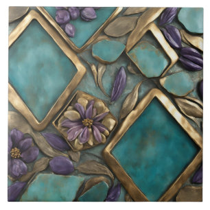 Carreau Œuvre d'art florale texturée en turquoise et or
