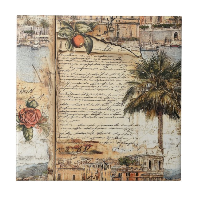 Carreau Œuvre d'art méditerranéenne vintage avec palmier e (Devant)