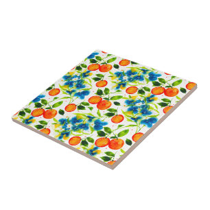 Carreau Œuvres d'art aquarelle Oranges et Fleurs Bleues