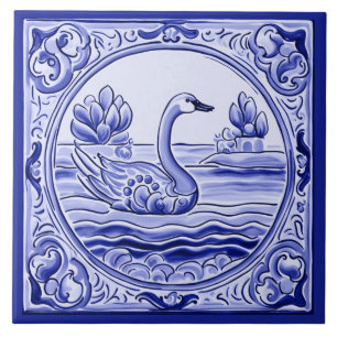 Carreau Oie de cygne bleue et blanche Art folklorique médi