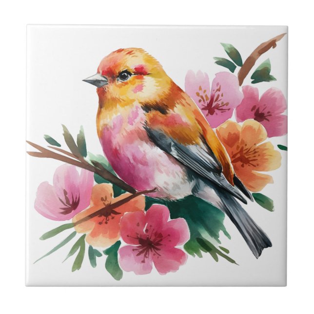 Carreau Oiseau à Fleur Rose (Devant)