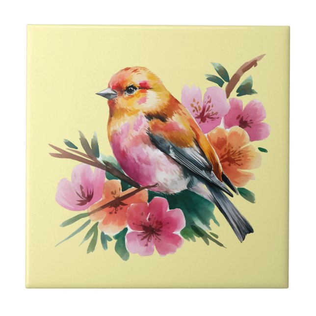 Carreau Oiseau à fleur rose (Devant)