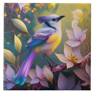 Carreau Oiseau à poitrine jaune violet