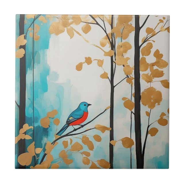 Carreau Oiseau Bleu Abstrait En Automne Forêt Feuille Doré (Devant)