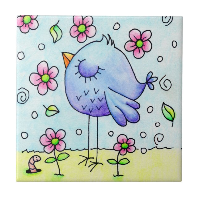 Carreau Oiseau Bleu Fantaisiste Et Fleurs (Devant)