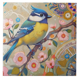 Carreau Oiseau bleu Tit avec touft Fleurs de printemps ros