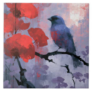 Carreau Oiseau chanteur bleu avec fleurs rouges cerise