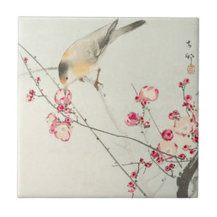 Carreau Oiseau chanteur sur branche en fleurs par Ohara Ko