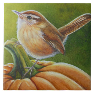 Carreau Oiseau d'automne Wren sur Orange Citrouille aquare