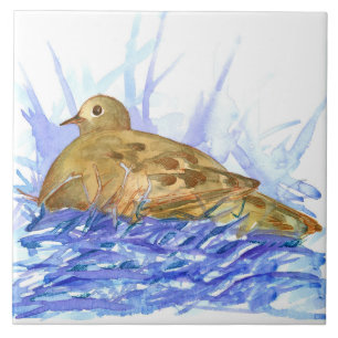 Carreau Oiseau de colombe en deuil dans un nid d'aquarelle