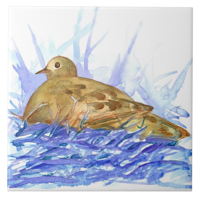 Carreau Oiseau de colombe en deuil dans un nid d'aquarelle (Devant)