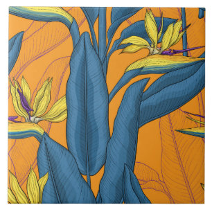 Carreau Oiseau de fleurs paradisiaques sur orange