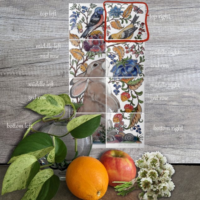 Carreau Oiseau de lapin Jacobean tuile florale murale 8pc  (Créateur téléchargé)