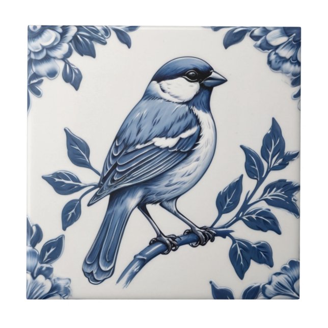 Carreau Oiseau floral bleu et blanc de Bruant (Devant)