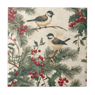 Carreau Oiseau Héritage Holly Noël Crème Bois