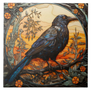 Carreau Oiseau inspiré du corbeau avec effet de verre ambr
