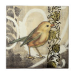 Carreau Oiseau jaune et vert sur Arrière - plan Vintage<br><div class="desc">Ce mélange de peinture et de croquis dépeint un gros plan d'oiseau jaune et vert sur un simple arrière - plan noir et beige. Les lignes blanches de l'arrière - plan ajoutent un ton vintage. Cette image s'adapterait parfaitement à n'importe quel produit Zazzle personnalisable.</div>