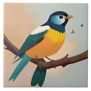 Carreau Oiseau jaune et vert vif perché sur une branche