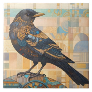 Carreau Oiseau noir décoratif Art Terre Tone Orange