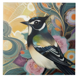 Carreau Oiseau noir et blanc Fleurs élégantes Floral