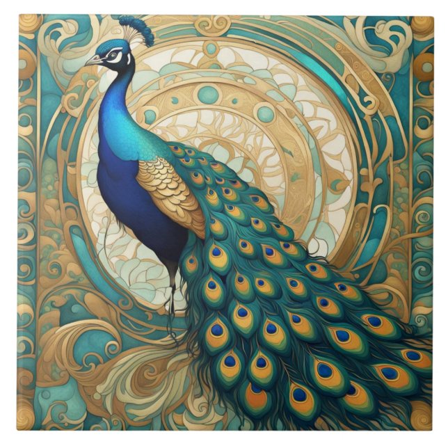 Carreau Oiseau Peacock turquoise d'or Art Nouveau Art Déco (Devant)