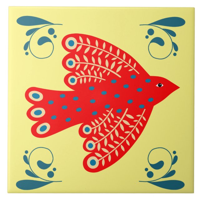 Carreau oiseau rouge folklorique sur fond jaune Gauche (Devant)