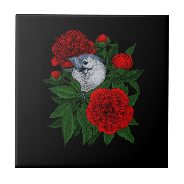 Carreau Oiseau sur un bouquet de pivoine rouge (Devant)